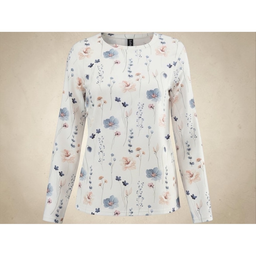 JustFashionNow 1X Ivory Floral Long Sleeve Top Blue Pink Botanical Cottagecore